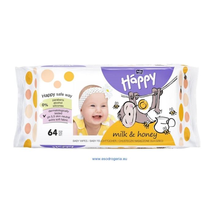 BELLAHAPPY Happy Baby Vlhčené Obrúsky Mlieko A Med 64 Ks 