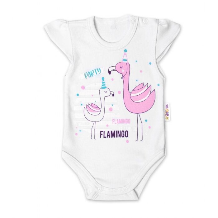 Baby Nellys Bavlnené Dojčenské Body Kr. Rukáv Flamingo Biele
