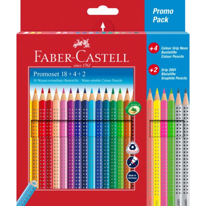 Faber Castell Pastelky Akvarelové Colour Grip 18 Farebný Set + 4 Grip Neon + 2 Grafitové Ceruzky Grip