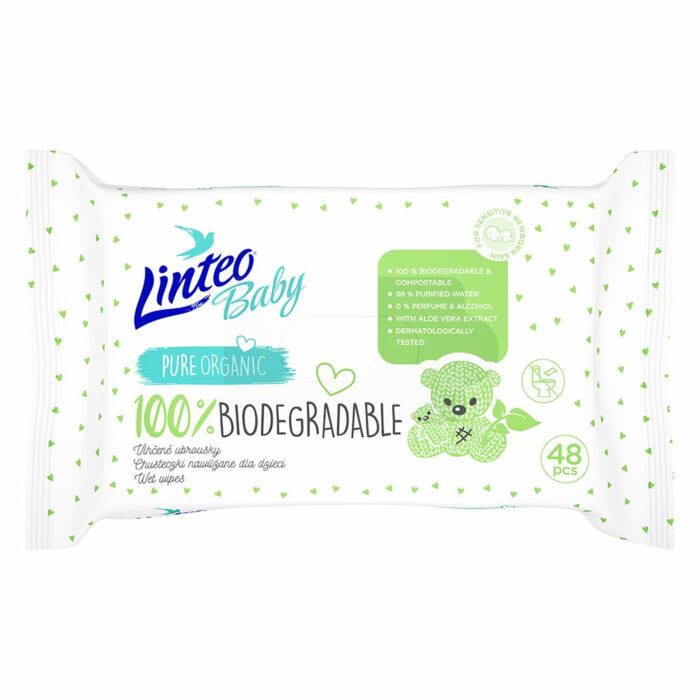 LINTEO Detské Vlhčené Obrúsky Baby 100% Biodegradable 48 ks
