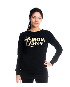  Tehotenské A Dojčiace Tričko Mom Queen Dlhý Rukáv Čierne